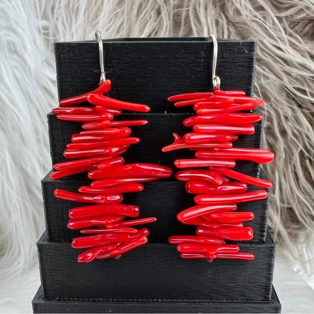 Vintage bohemian chic silvertone and red pierced earrings